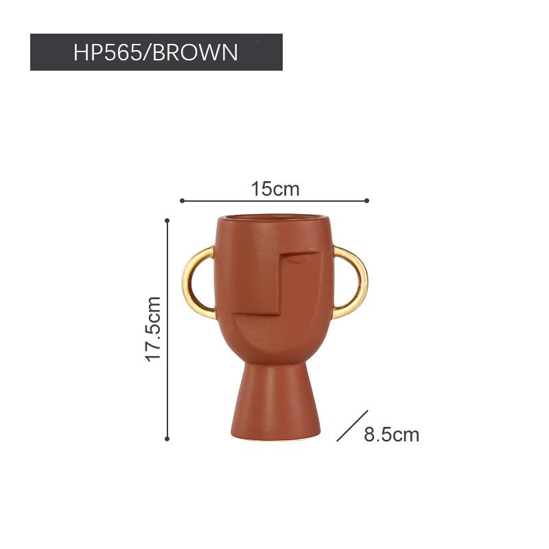 

Керамическая абстрактная ваза для лица, украшение для дома, ваза для цветов с золотым ушком, настольная художественная статуэтка коричневый