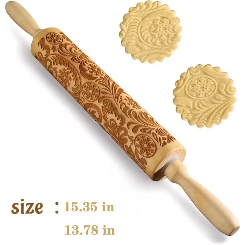 1-5PCS Christmas Snowflake Embossed Rolling Pin Wooden Dough Roller with Laser Cut Paisley Pattern for Holiday Baking