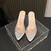 Transparent rhinestone thin heel sandals 2025 new large size European and American spring and summer new solid color pointed high heel slippers women