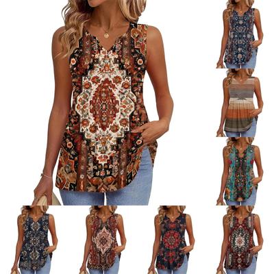 Women's Fashionable New Retro Floral Textured V-neck Loose Casual Flowy Sleeveless Vest Top