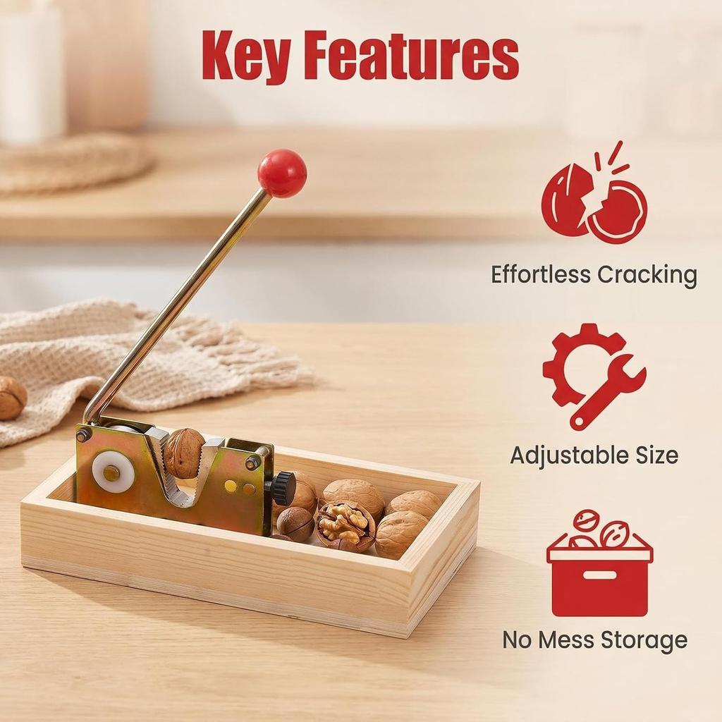 Nut Crackers for All Nuts, Heavy Duty Walnut Cracker with Wooden Base Adjustable Nut Tongs Manual Pecan Cracker for All Nuts Cracker Tool