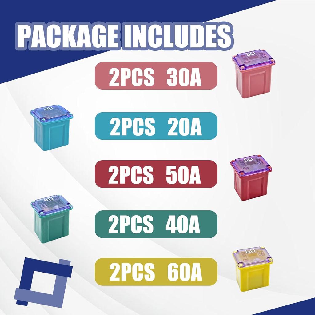 10PCS Jcase Fuse Kit, Box Shaped Micro Cartridge Fuses Kit, Compatible with Toyota Chevy Ford Nissan (20A/30A/40A/50A/60A, Low)