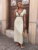 Maxi Abito a Pois in Pizzo con Scollo a V e Maniche a Sbuffo Stile Vacanza Francese