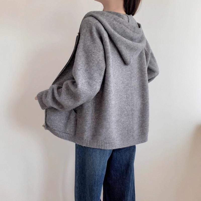 New Solid Color Lazy Wind Hooded Zipper Knitted Cardigan Casual Drawstring Sweater Thick Coat Women