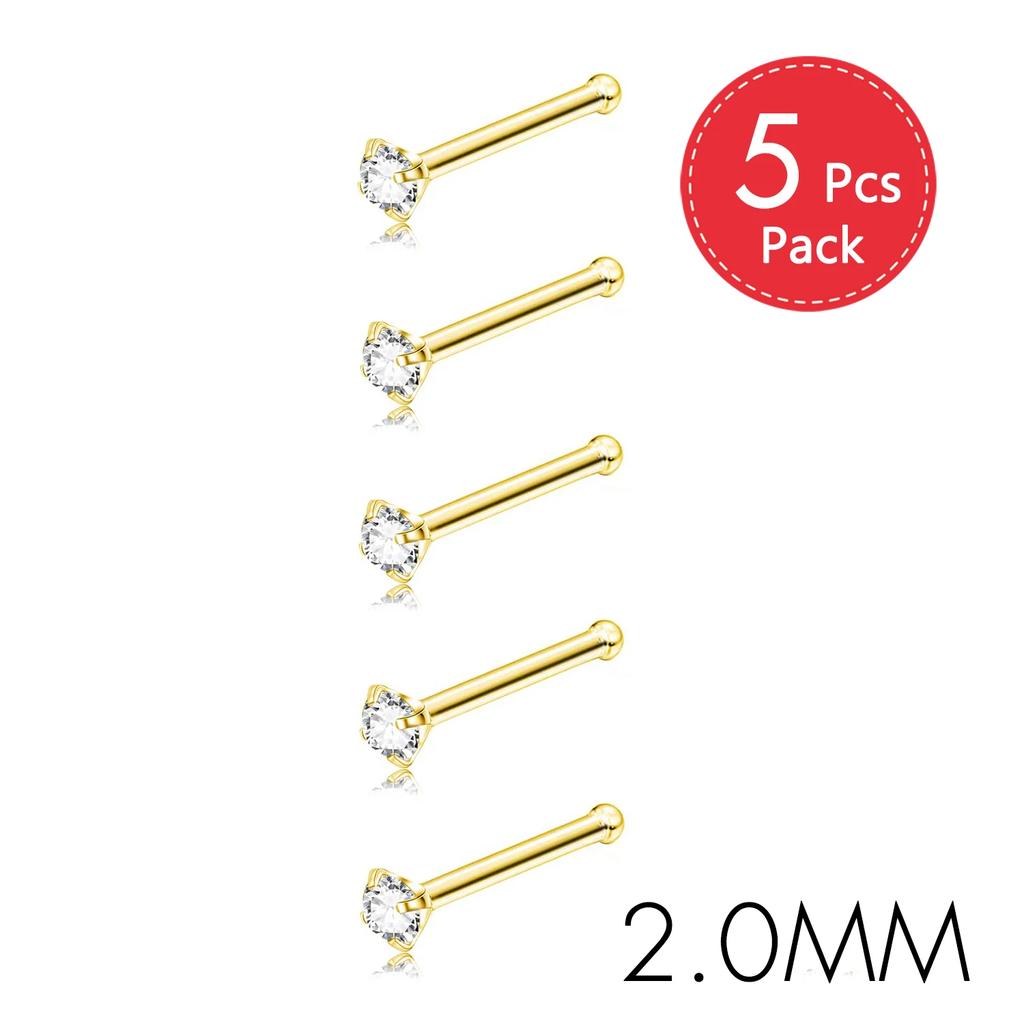 5Pcs CZ Gem Stainless Steel Nose Piercing Stud Crystal Nariz Body Jewelry S L Bone Shape Nostril Rings for Women Girl 20g 0.8mm