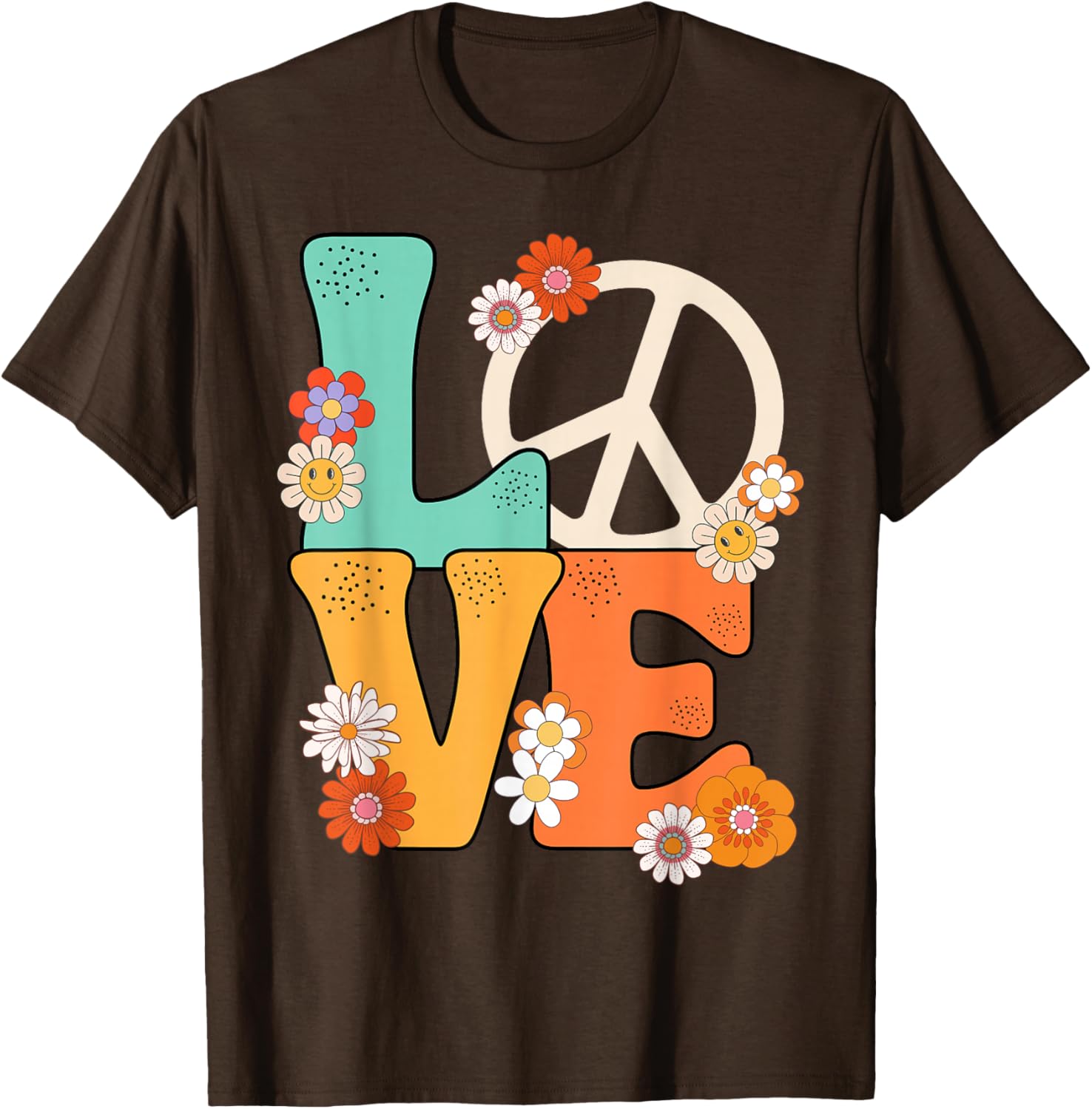 

Peace Love Flower Hippie Retro 70s Graphic Tee Breathable Cotton Casual T-Shirt for Men S