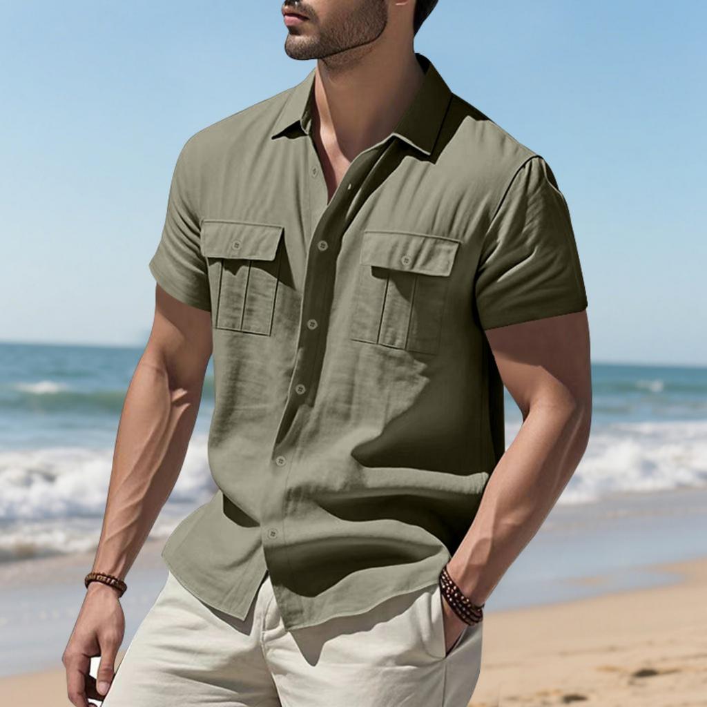 Men's Linen Short Sleeve Button Down Shirt Relaxed Fit Casual Beach Wear with Multiple Pockets