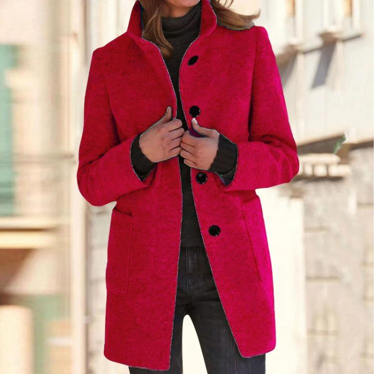 Women's Casual Solid Color Woolen Jacket with Collar and Pocket Long Sleeve Button Up Coat