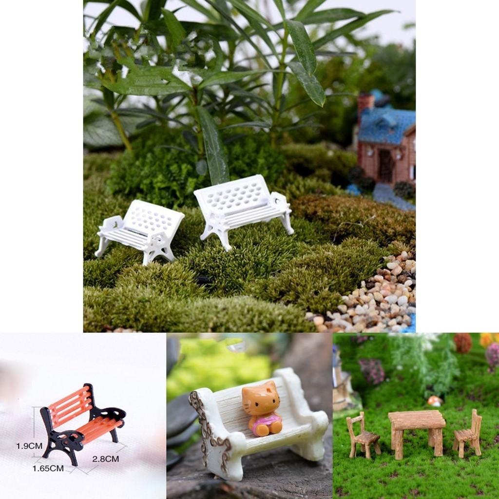 Miniature Garden Bench Set Durable Resin White Chair And Brown Table Micro Landscape Decor