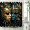 Venetian Mask Shower Curtain - Golden & Teal, Butterfly Motifs, Polyester, 12 Hooks, Mysterious & Elegant Bathroom Dcor