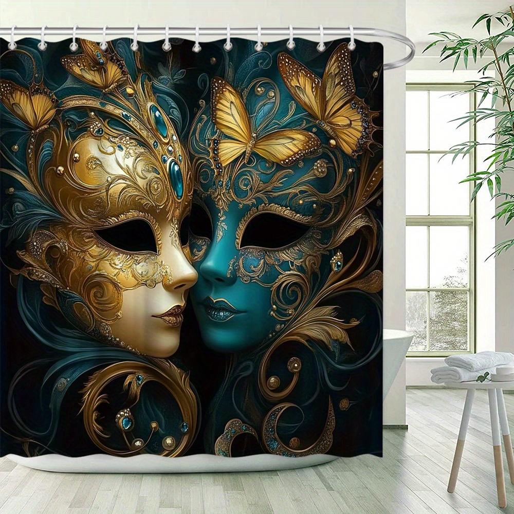 Venetian Mask Shower Curtain - Golden & Teal, Butterfly Motifs, Polyester, 12 Hooks, Mysterious & Elegant Bathroom Dcor