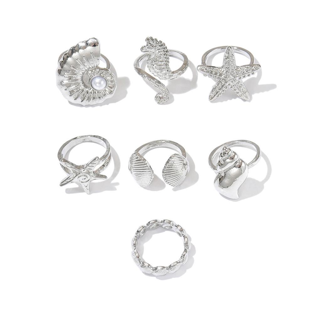 

Marine Animal Geometric Gold Ring Set For Women With Seahorse Starfish Shell Design And Ocean Motifs