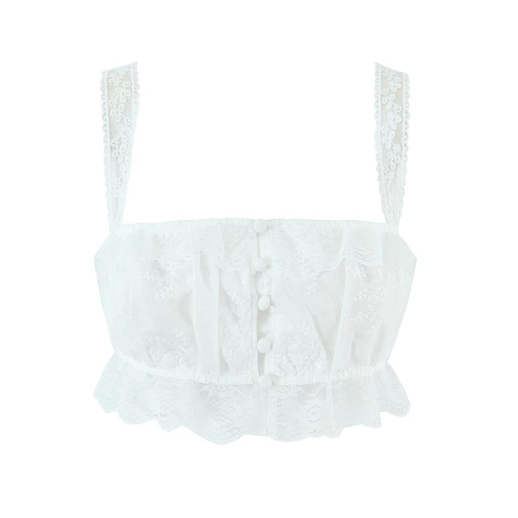 Women's Spring White Lace Cami Top & Ruffle Trim Embroidered Skirt Set