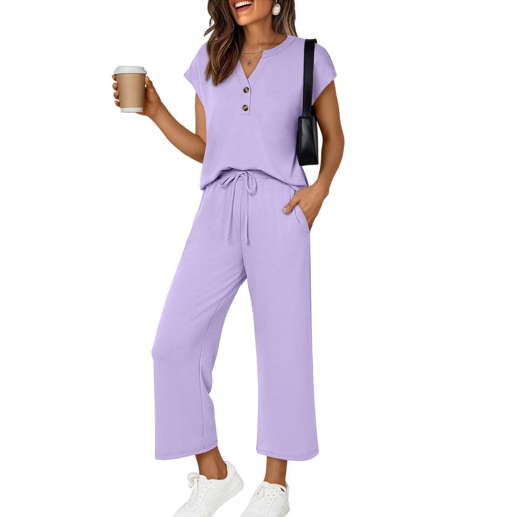 Women's Fashionable Casual Comfortable -Colour Small V-Neck Button-Front Short-Sleeved Two-Piece Suit