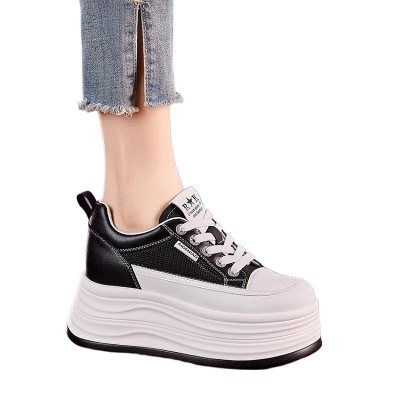 Leather Thick soled Women's Shoes Spring and Autumn New Breathable Sports Shoes 8cm Height Boosting Flat Shoes