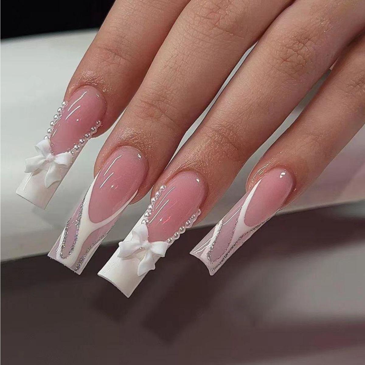 Nail Art Wear Nail Long White French Bow Nail Art Line Fake Nail Finished