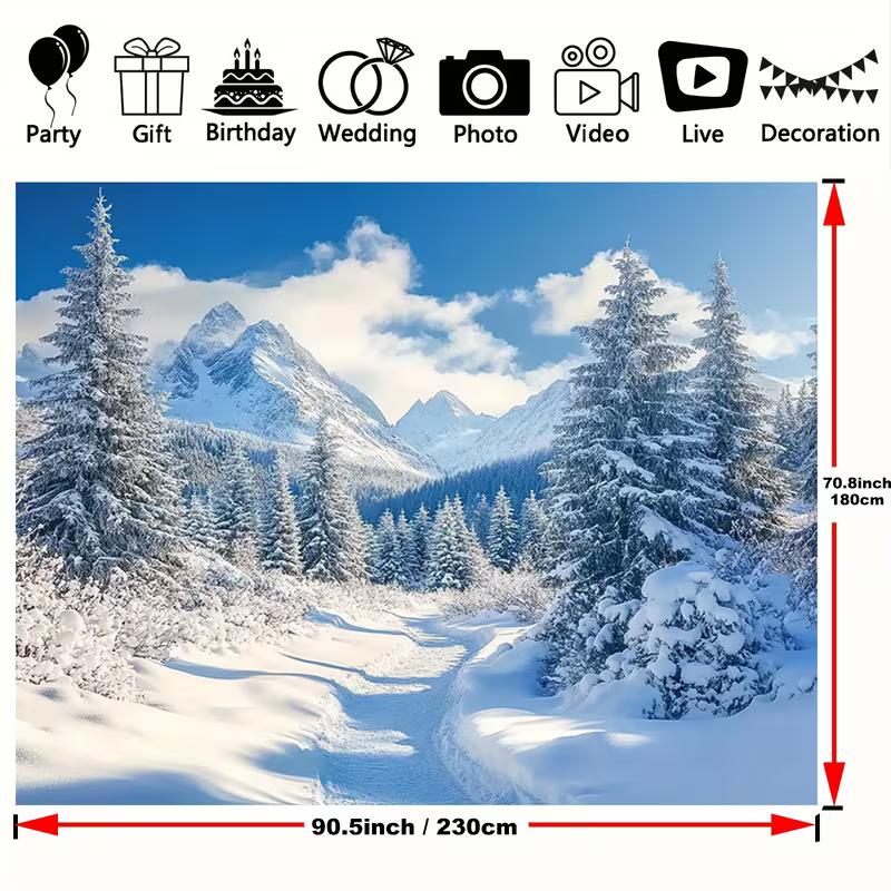 2D Snowy Alpine Landscape Tapestry, Winter Mountain Forest with Snow-Capped Peaks Wall Art 47.2x31.5inch/120*80cm