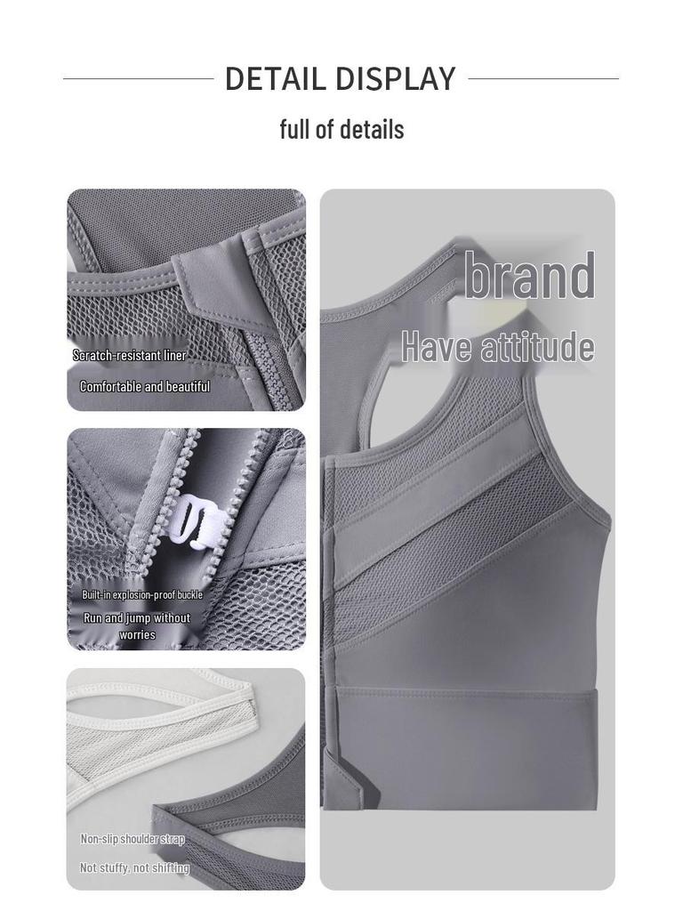High-Impact Front Zipper Sports Bra with Fixed Cup