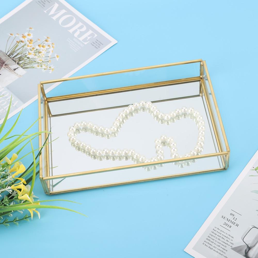 Vintage Metal Glass Storage Box Gold Rimmed Rectangular Cosmetics Display Box Glass Translucent Compartments Gold Tray