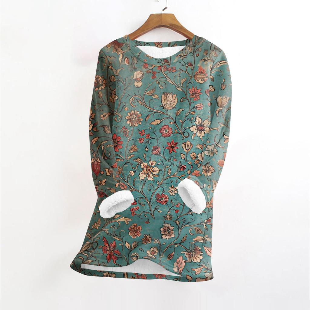 Women's Fashionable Printed Round Neck Long Sleeved Plush Warm Pullover Top