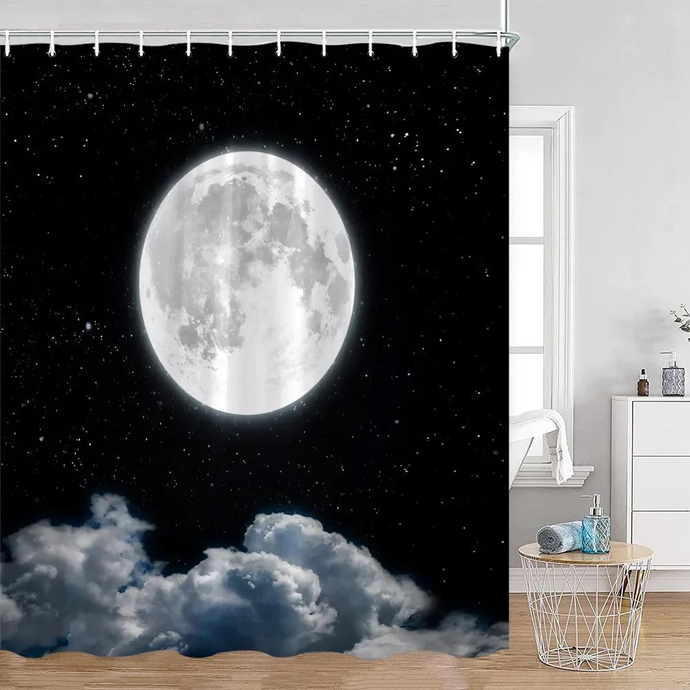 Vintage Dark Color Astrology Shower Curtain Starry Full Moon Night Magic Plant Mushroom Bathtub Curtain Bath Home Decor