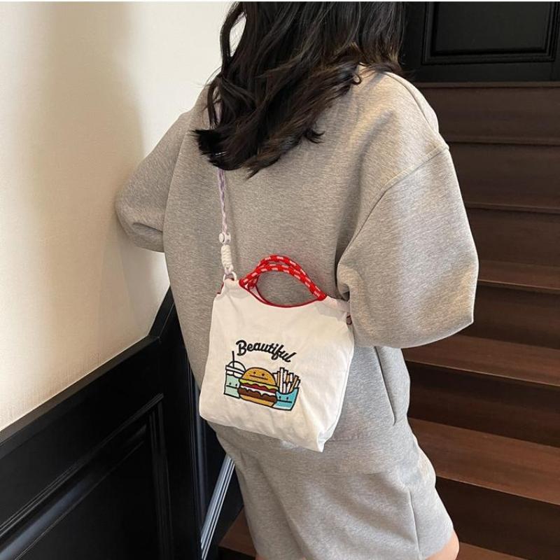 Fashion Sweet Nylon Embroidered Canvas Shoulder Bag Casual Commuter Student Small Square Bag Trend Versatile Crossbody Bag