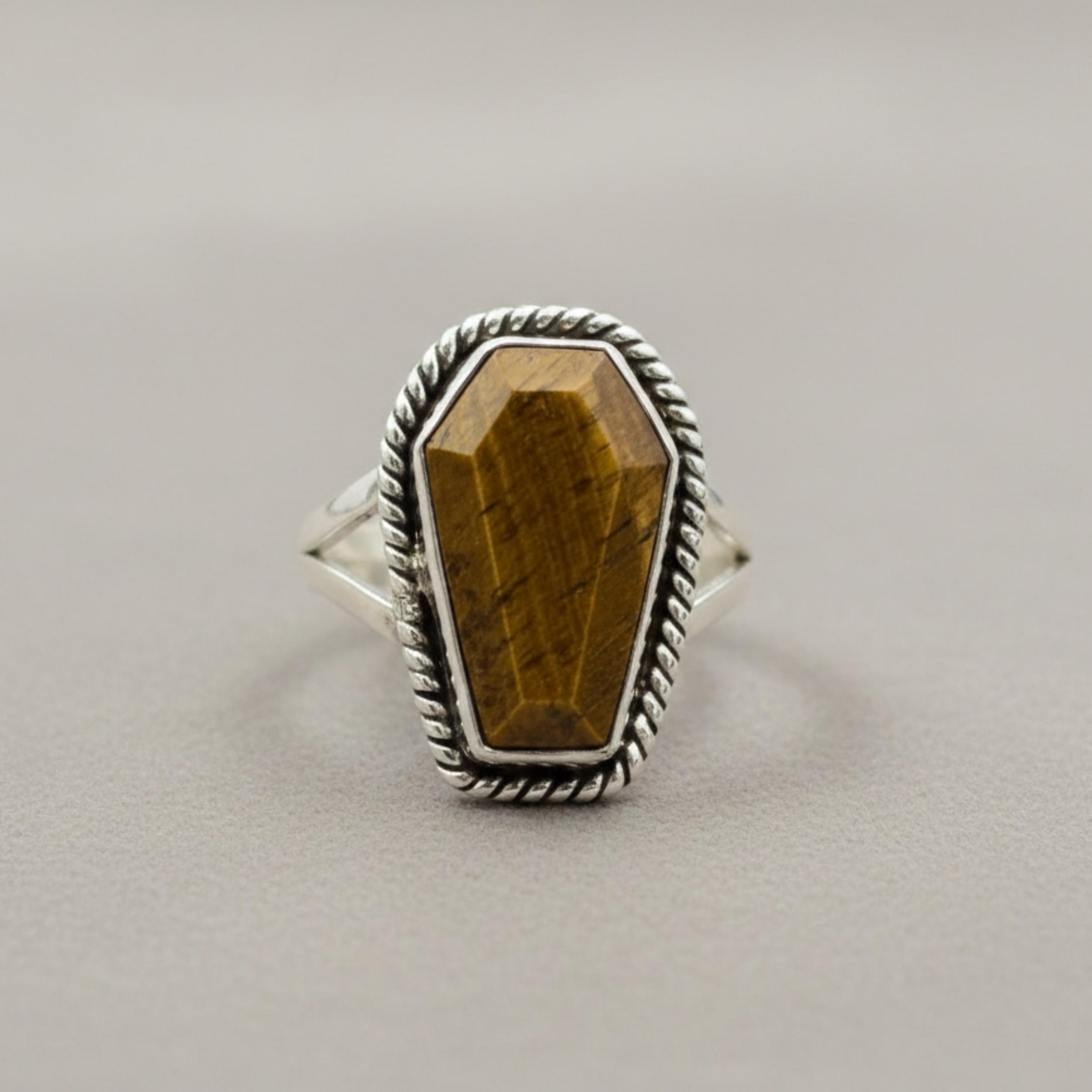 Tiger Eye Coffin Statement Ring, 925 Sterling Silver Rope Bazel Ring, Minimalist Bohemian Jewelry 4
