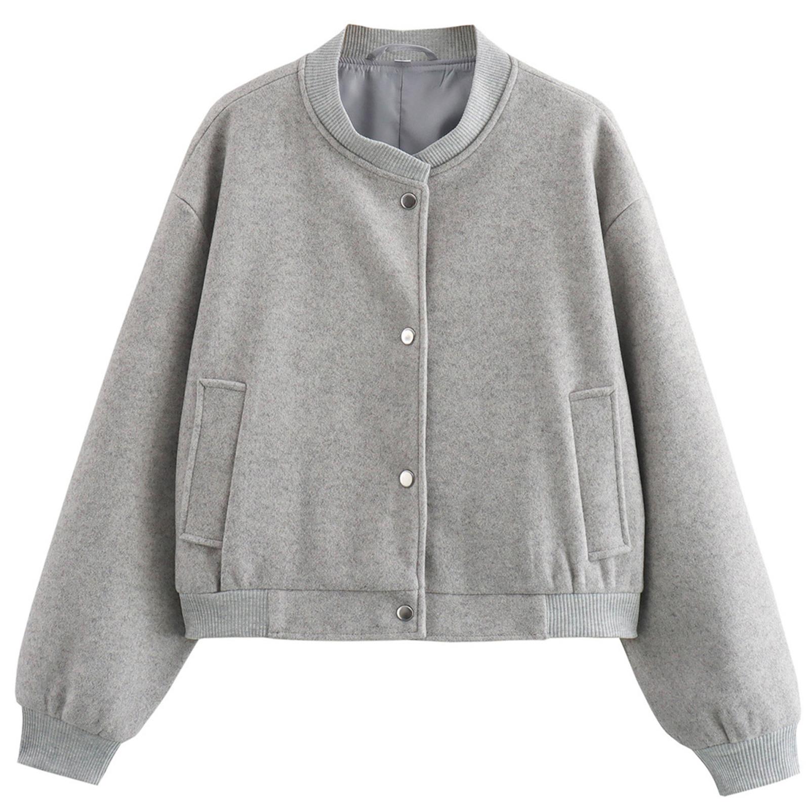 

Женская модная однотонная куртка с длинными рукавами и карманами на молнии в стиле кэжуал S светло-серый