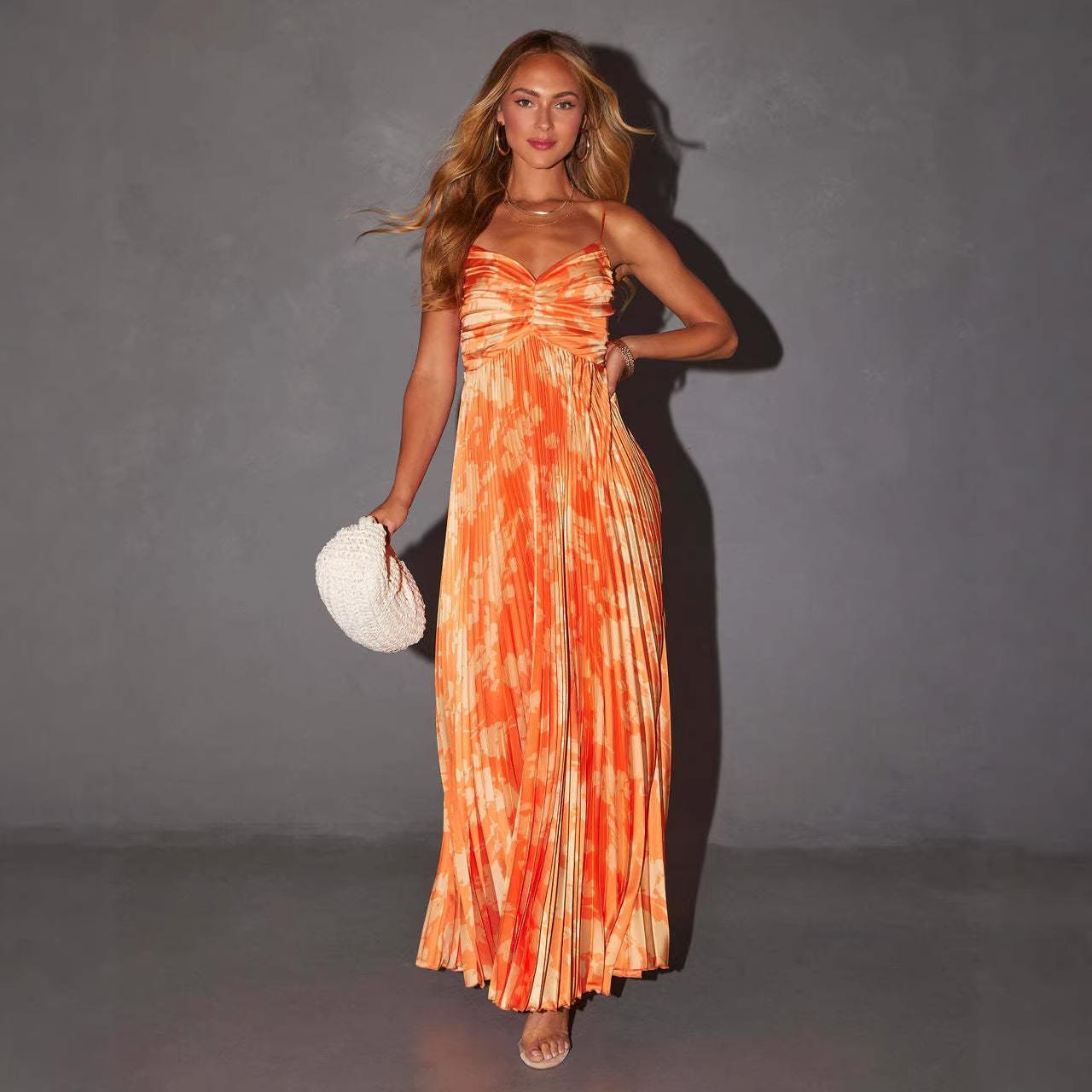 

European and American summer new printed halter dress dress spot European and American style XL помаранчевий