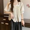 Gentle French Style Square Collar Blouse Solid Color Basic Summer Elegant Puff Sleeve Fashion Folds Shirts