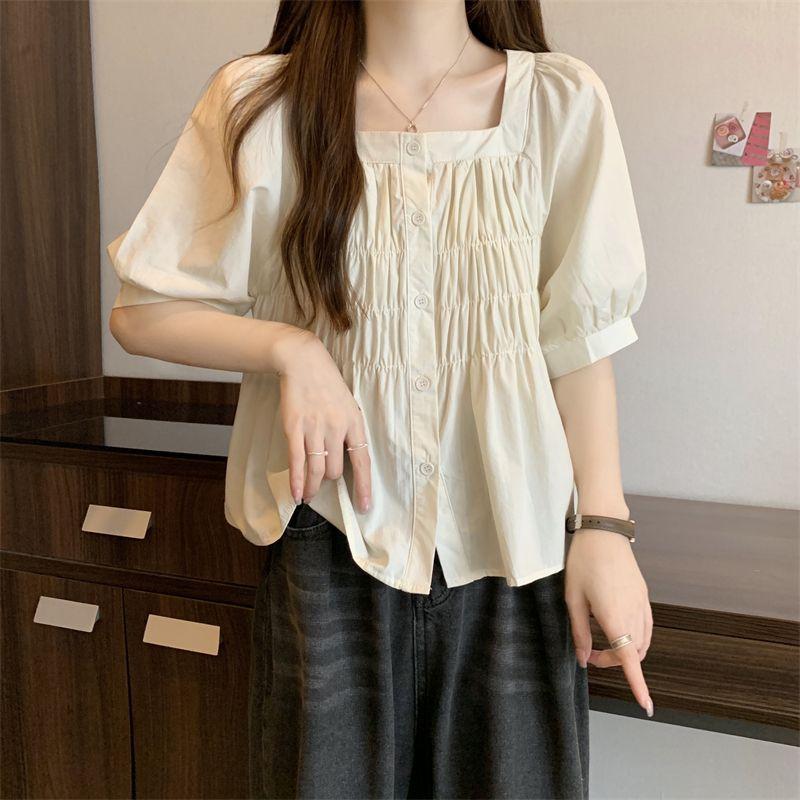 Gentle French Style Square Collar Blouse Solid Color Basic Summer Elegant Puff Sleeve Fashion Folds Shirts