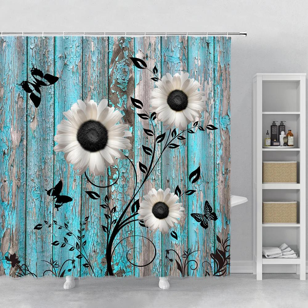 Flower Shower Curtain Set Orchid Teal Rose Plant Floral Leaves Print Bathroom Decor Fabric Bath Curtain Bathtub Accessories Hook