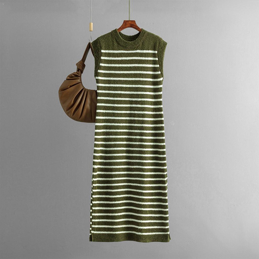 Women's Fashionable Round Neck Slim Knit Striped Vest Casual Long Dress