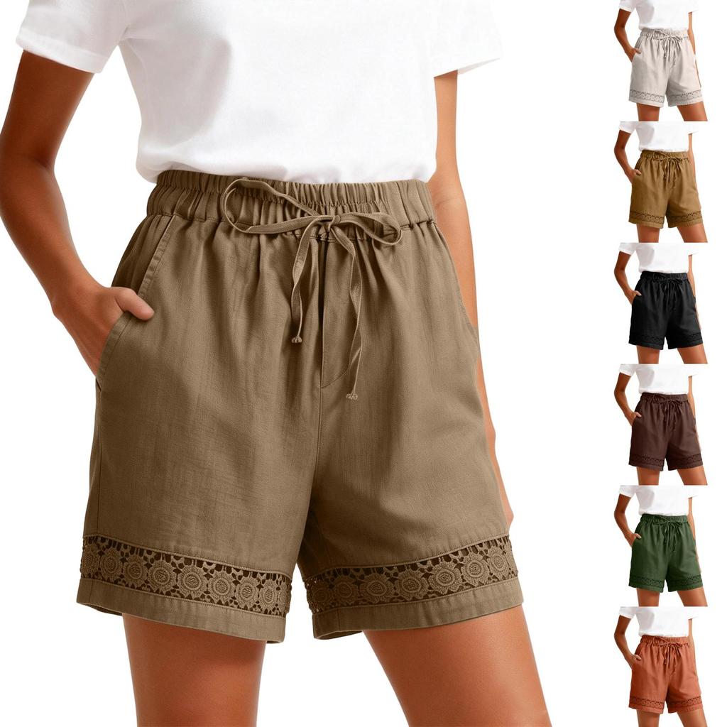 Women’s Elastic Waist Casual Shorts with Drawstring and Lace Trim Loose Fit Lightweight Summer Bottoms
