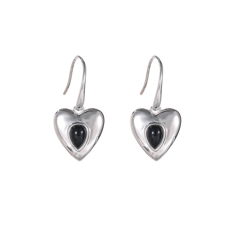 BF CLUB 925 Sterling Silver Heart Earrings For Women Trendy Simple Retro Black Earring Jewelry Prevent Allergy Party Accessories