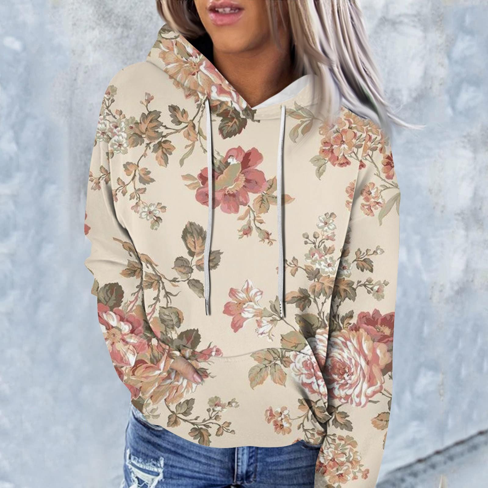 

Женская модная повседневная толстовка с капюшоном и цветочным принтом с длинным рукавом L верблюд