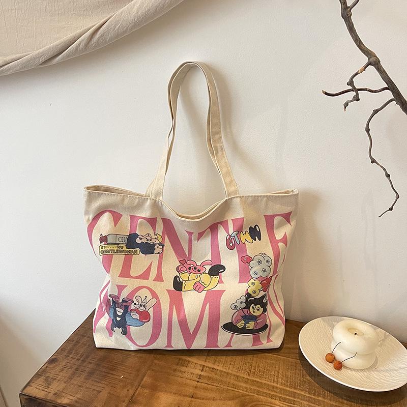 Women's Large Capacity Canvas Tote Bag with Hot Stamping - Casual Shoulder Bag for Students