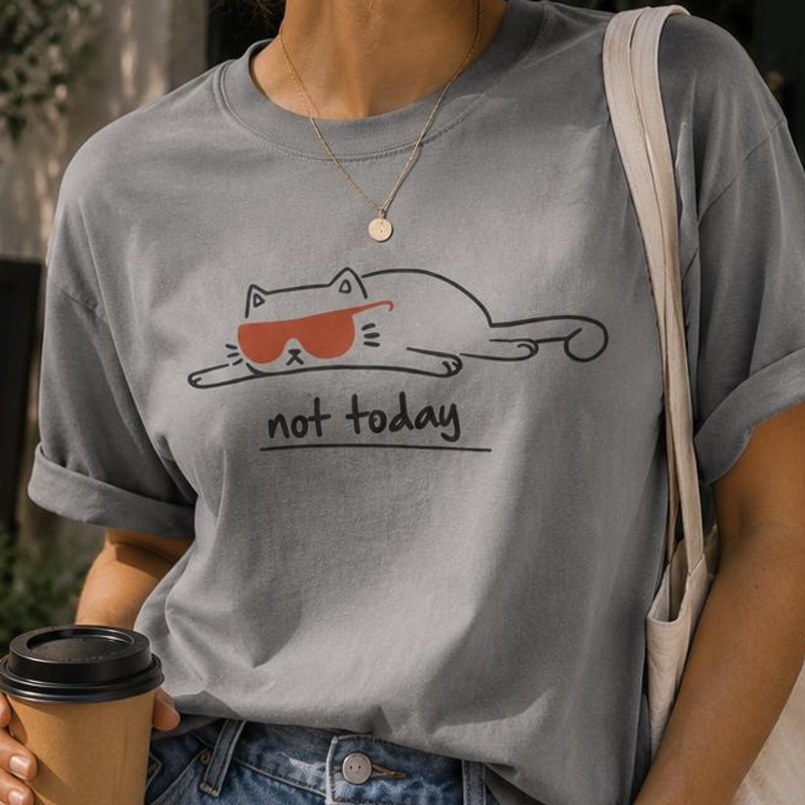 Not Today Cat T-shirt | Lazy Cat Sunglasses Tee, Funny Minimal Cat Graphic Shirt L