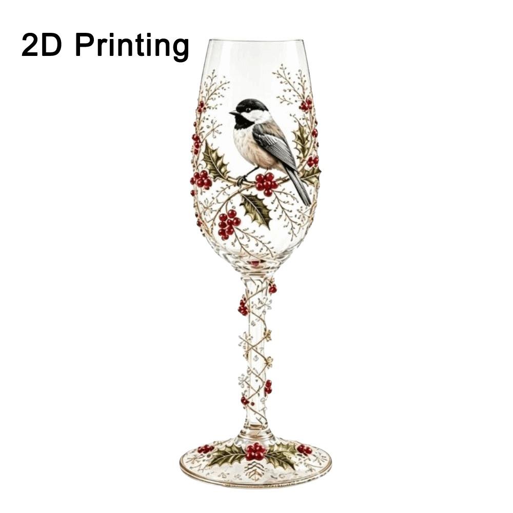 2D Printing Pattern Christmas Wine Glass Red Berries Xmas Bird Cup Bird Glass Goblet Party