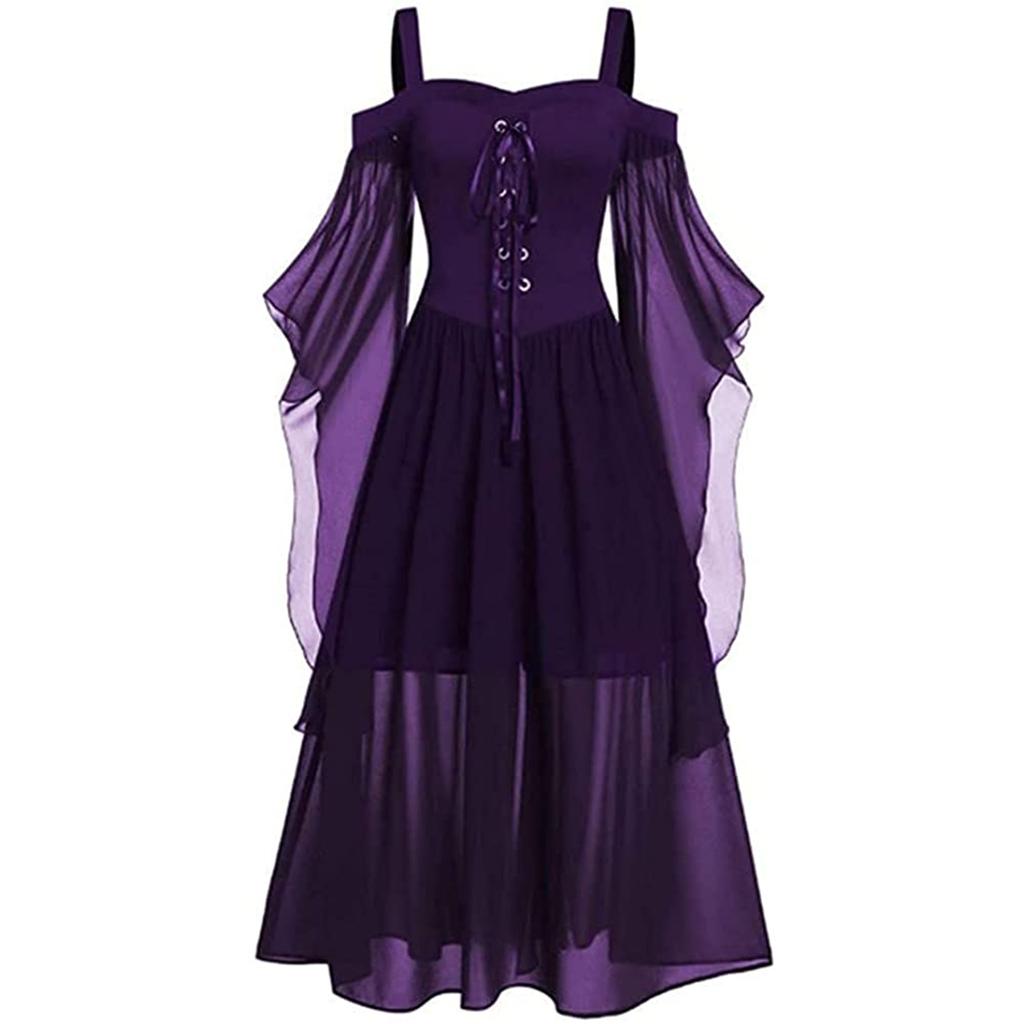 Abito Medievale Gotico Vintage da Donna con Spalle Scoperte e Allacciatura Costumi Cosplay di Halloween Festa di Carnevale Spalline a Bretella