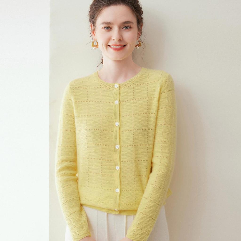 Lekasha 100% Pure Cashmere Plaid Hollow-Out Long-Sleeve Cardigan