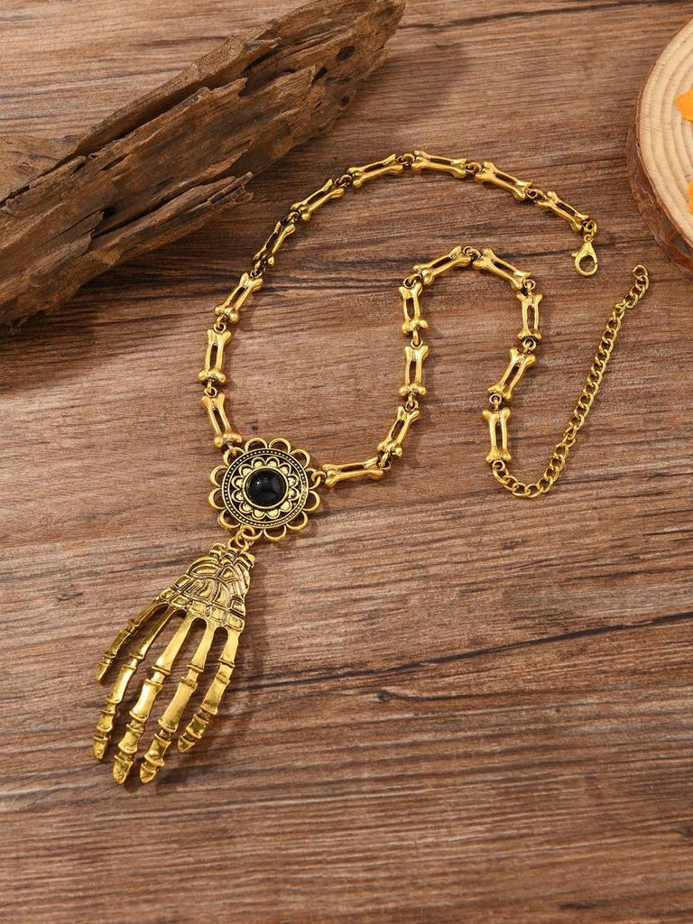 Gothic Skull Hand Pendant Necklace With Geometric Zinc Alloy Chains For Men And Women Halloween Accessory