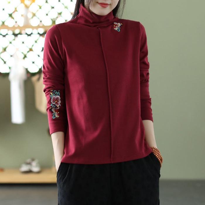 Unterteil für Damen im Herbst und Winter Retro ethnischer Stil Schwerindustrie besticktes Oberteil Langarm Halbochkragen Geschliffenes T-Shirt für Damen