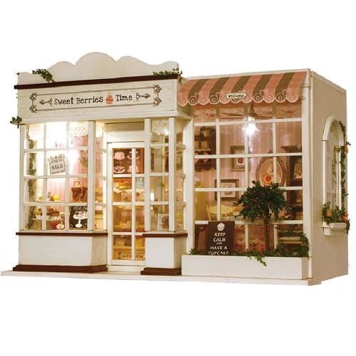 

moin moin Dollhouse Miniature DIY Kit Set: Cake Shop, Sweet Berries Time, White Cake, Cafe | Large 1/24 Scale | LED Light + Music Box 2102DH236