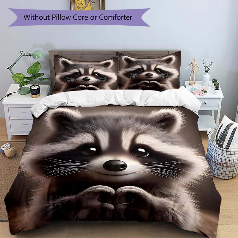 

3pcs Raccoon with 1 Comforter and 2 Pillowcases (No Core) - Cute Animal for Bedroom, Festival Gift, Polyester Fabric, Anime Design, Suitable for Livin 135x200cm