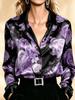 Luxury Purple Rose Print Satin Shirt - Women's Dark Floral Long Sleeve Blouse, Vintage Style Elegant Silk-Look Top