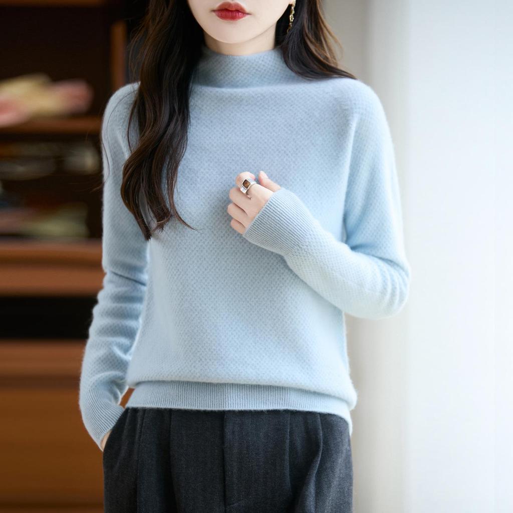 2026 Fall/Winter Women's Pure Wool Honeycomb Knit Sweater - Half-High Neck, Seamless, Solid Color Pullover
