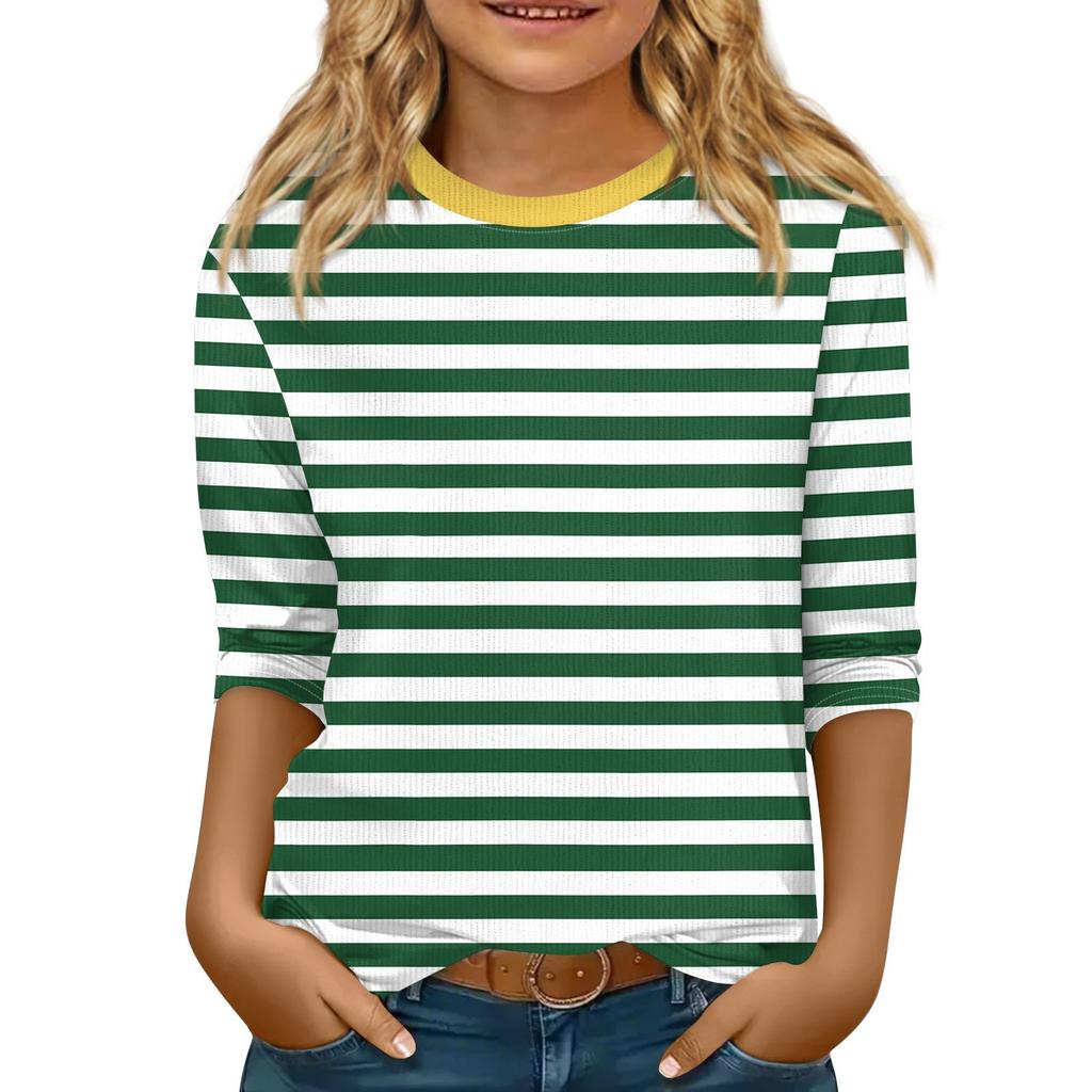 Children's 3/4 Sleeve Tops Knit Casual Print T Shirt Round Neck Pullover Blouse