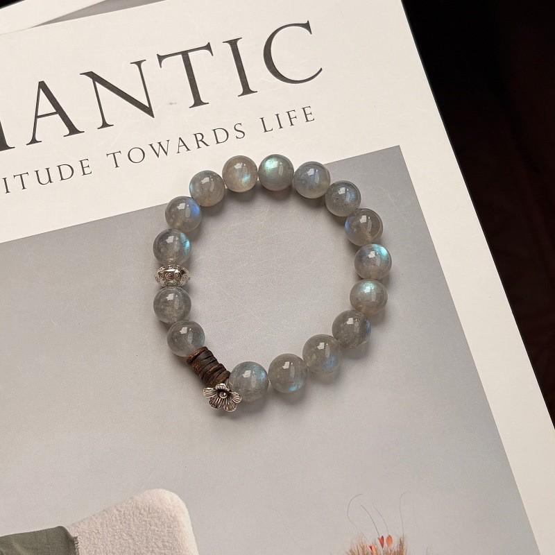 Handmade Gray Moonstone Crystal Bracelet With Agarwood Bead New Chinese Style Zen Womens Single Circle