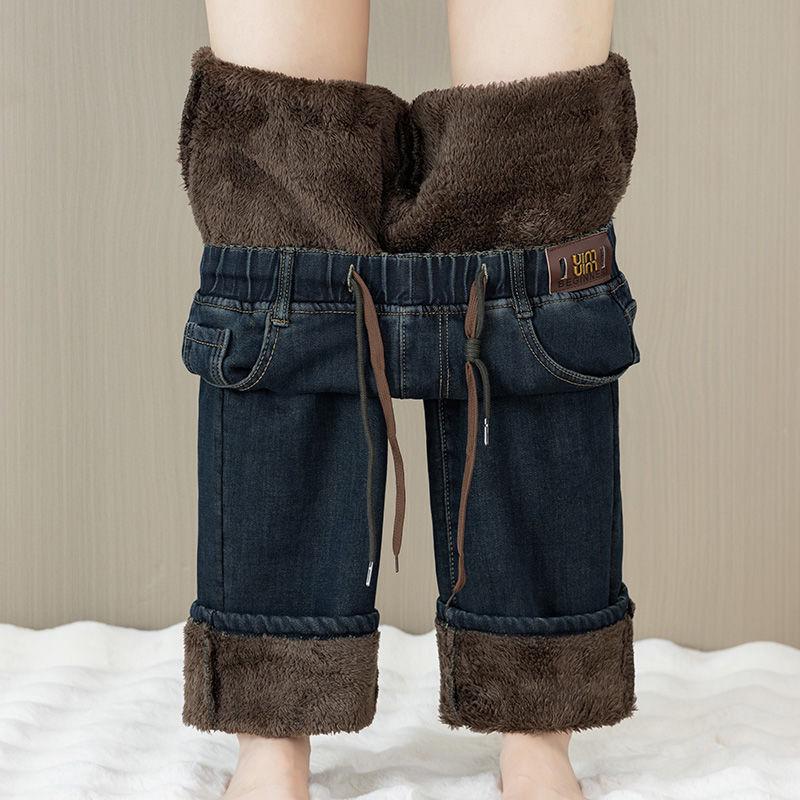 Velvet Elastic Waist Lambswool Jeans: Loose Winter High Waist, Stretch, Plus Size, Thickened Straight-Leg Pants (75-200)